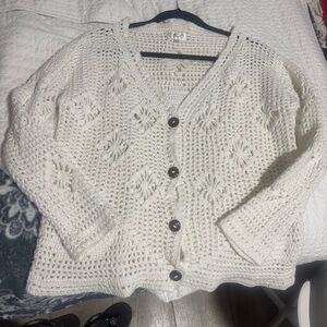 Women's Cream Crochet Button-Front Cardigan Sweater 100% cotton